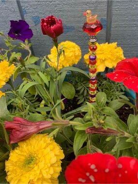 Red Beaded Garden Stake with Duck Topper. Handmade